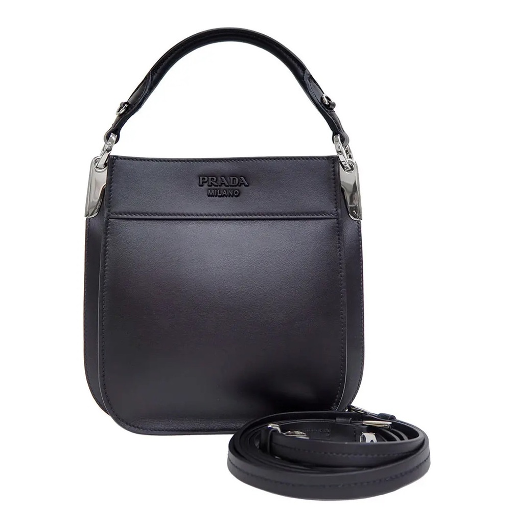 Prada Black Leather Hobo Crossbody Bag Silver Hardware Authenticated